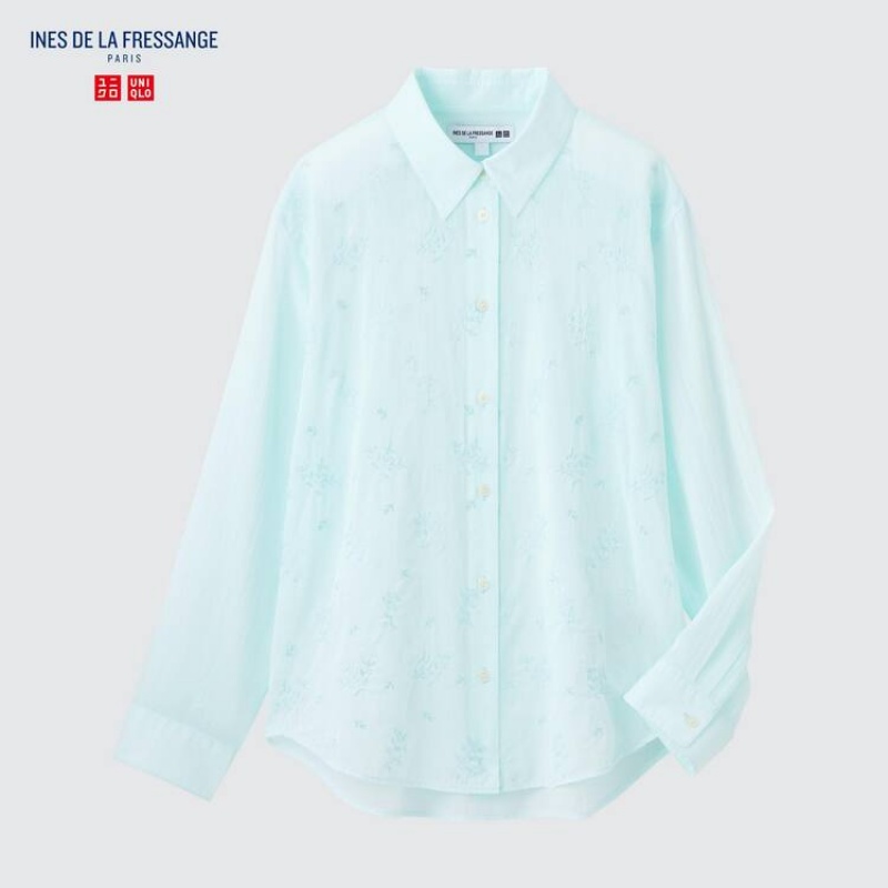 Women's Uniqlo Ines De La Fressange Sheer Embroidered Long Sleeved Shirts Blue | CPAX-23976