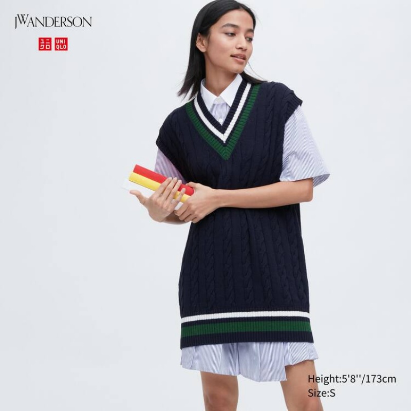 Women\'s Uniqlo Jw Anderson Long Cricket Knitwear Navy | VJSO-56308