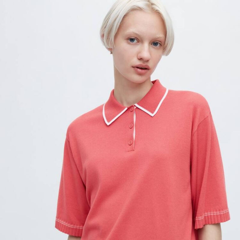 Women's Uniqlo Jw Anderson Short Sleeved Polo Tops Pink | PAGK-09842