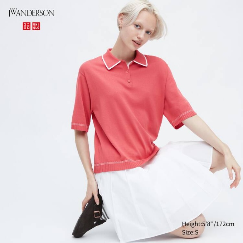 Women\'s Uniqlo Jw Anderson Short Sleeved Polo Tops Pink | PAGK-09842