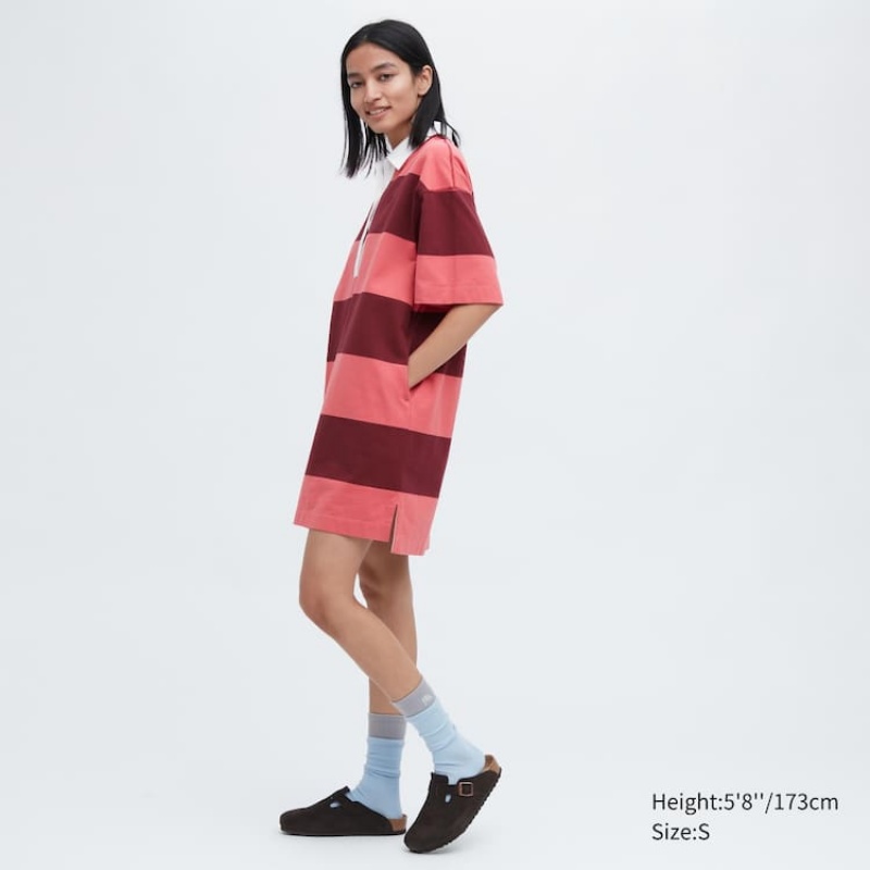 Women's Uniqlo Jw Anderson Striped Polo Short Sleeved Dress Pink | SMZH-49185