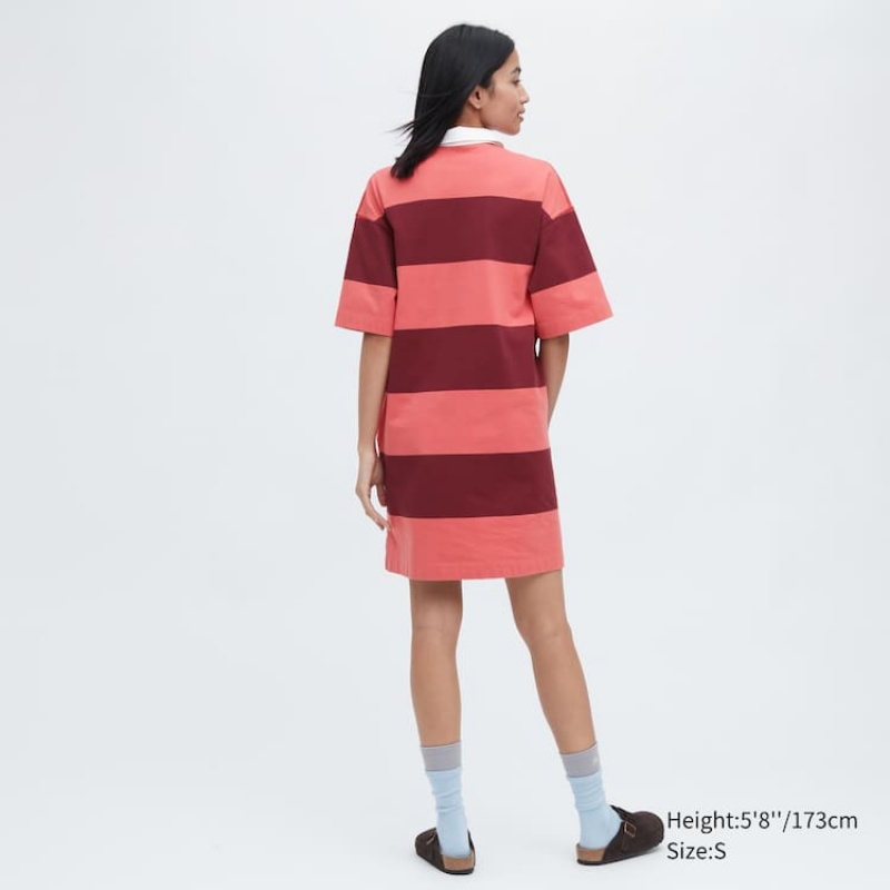 Women's Uniqlo Jw Anderson Striped Polo Short Sleeved Dress Pink | SMZH-49185