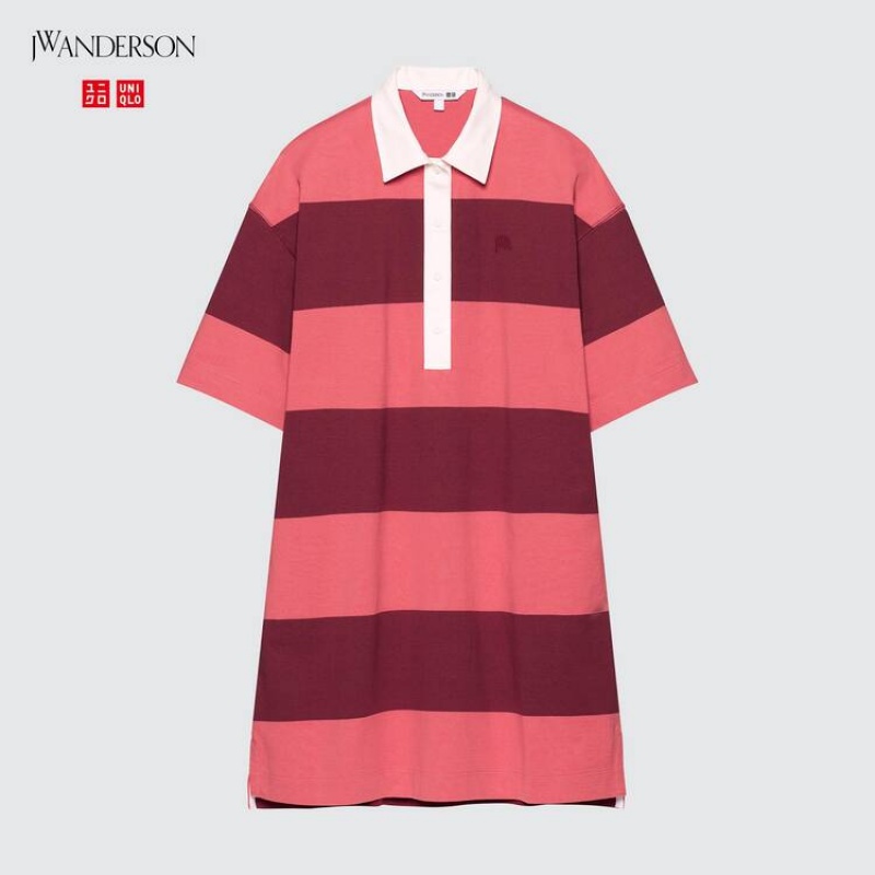 Women's Uniqlo Jw Anderson Striped Polo Short Sleeved Dress Pink | SMZH-49185