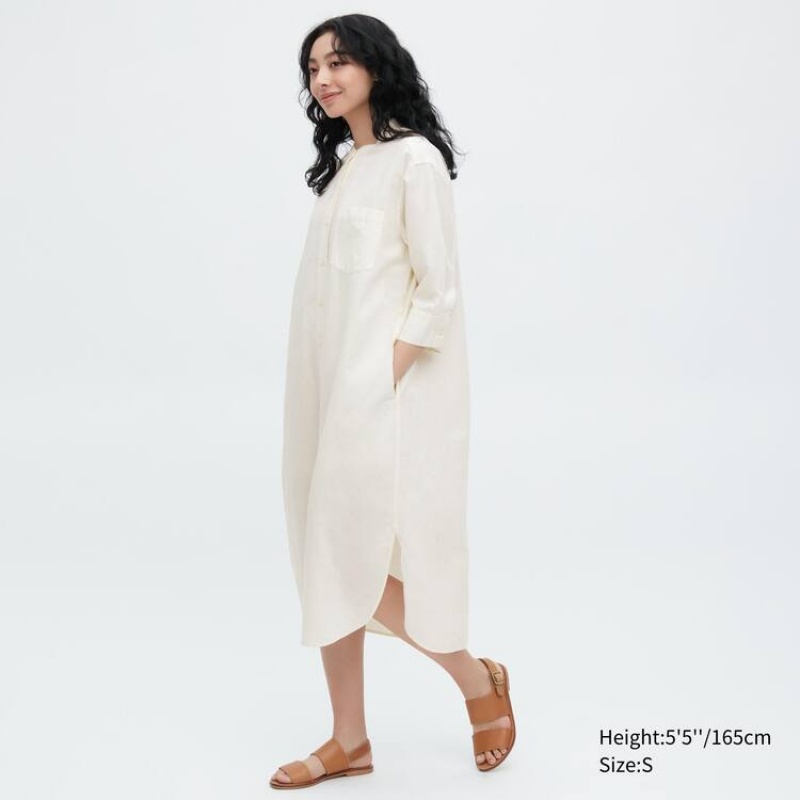 Women's Uniqlo Linen Blend 3/4 Sleeved Dress White | IOHG-27968