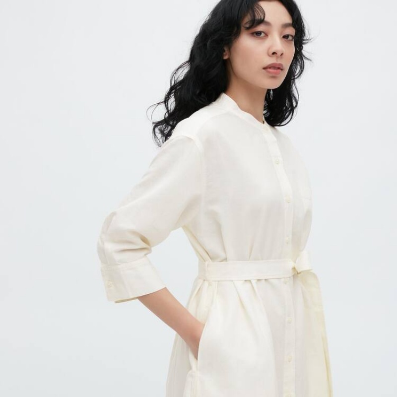 Women's Uniqlo Linen Blend 3/4 Sleeved Dress White | IOHG-27968