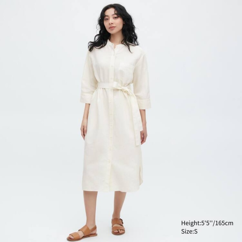 Women\'s Uniqlo Linen Blend 3/4 Sleeved Dress White | IOHG-27968