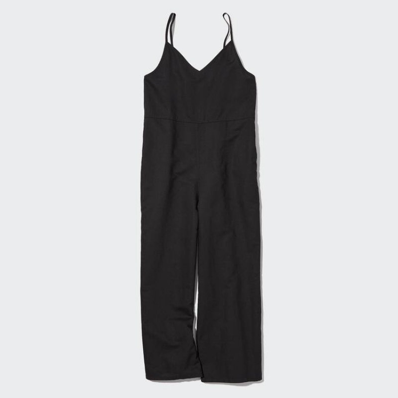 Women\'s Uniqlo Linen Blend Camisole Jumpsuit Black | KNQP-48635