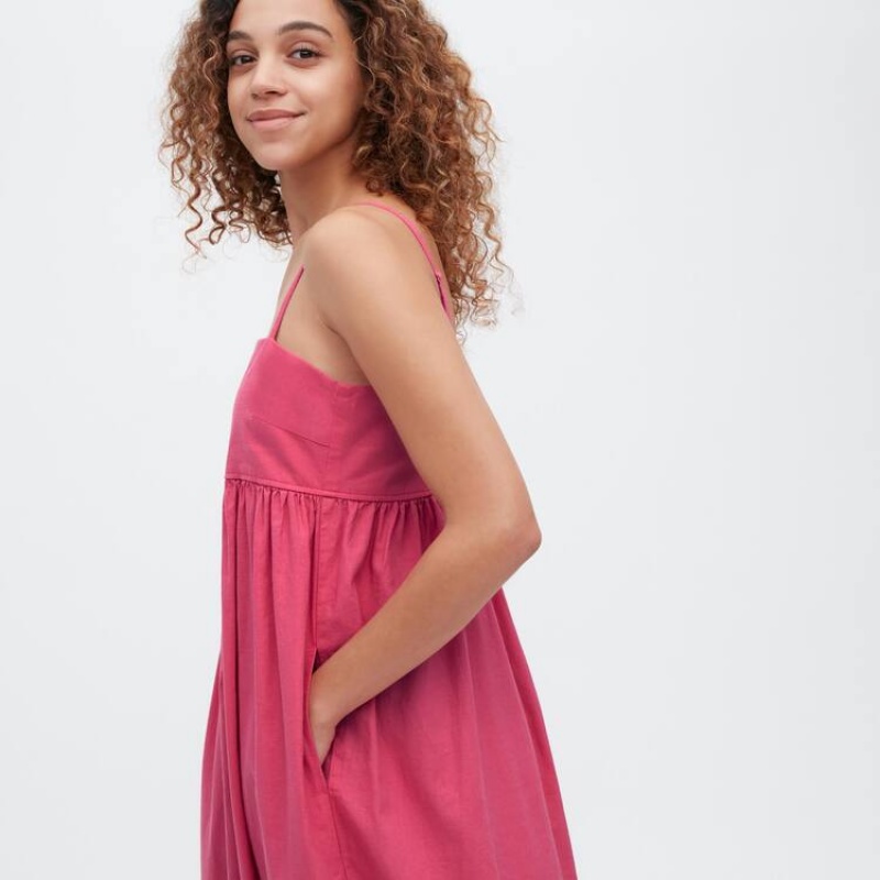 Women's Uniqlo Linen Blend Gathered Camisole Dress Pink | IORS-39215