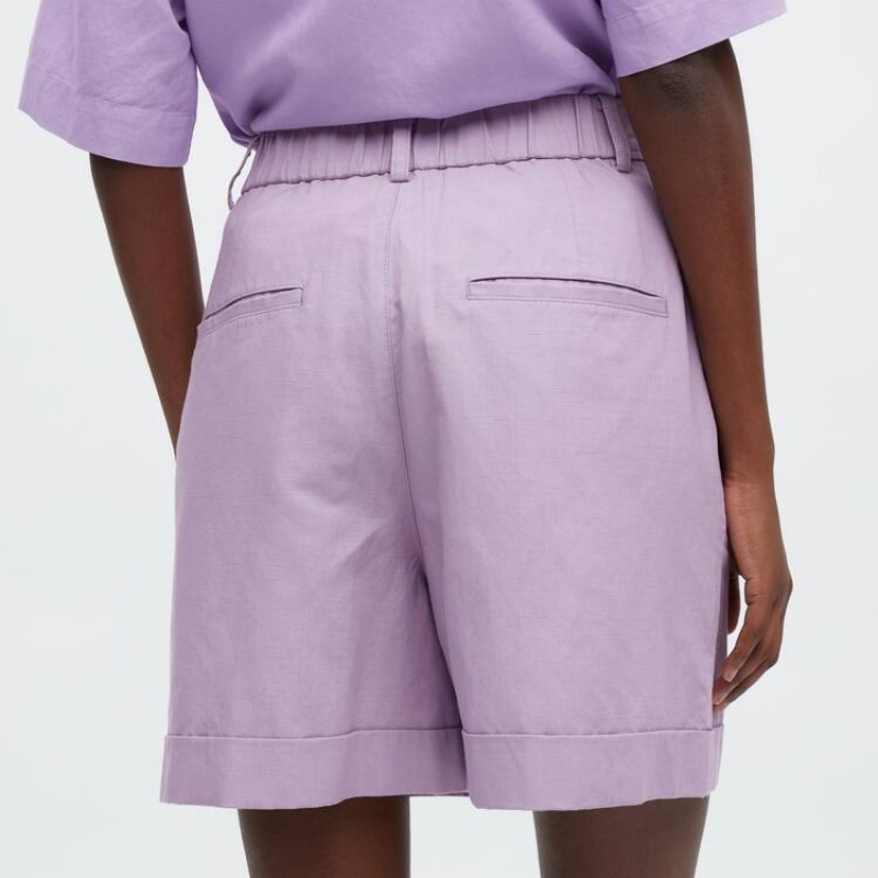 Women's Uniqlo Linen Blend High Waisted Shorts Purple | LRDE-36524