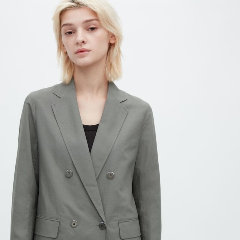 Women's Uniqlo Linen Blend Jackets Olive | FGUK-80473