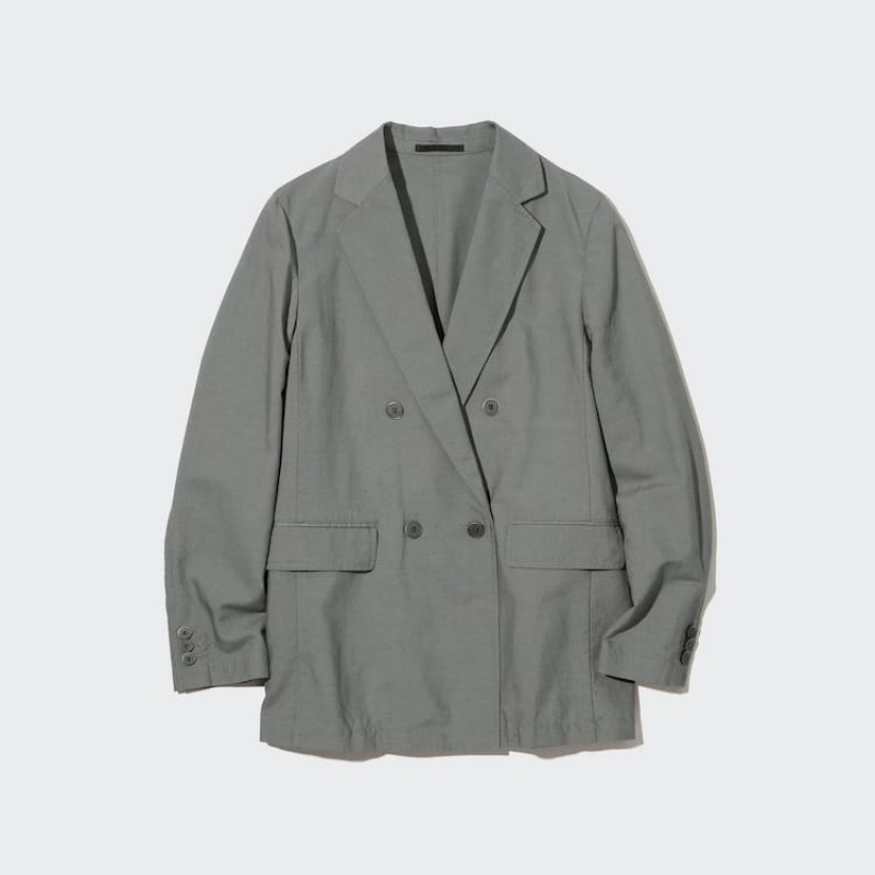 Women's Uniqlo Linen Blend Jackets Olive | FGUK-80473