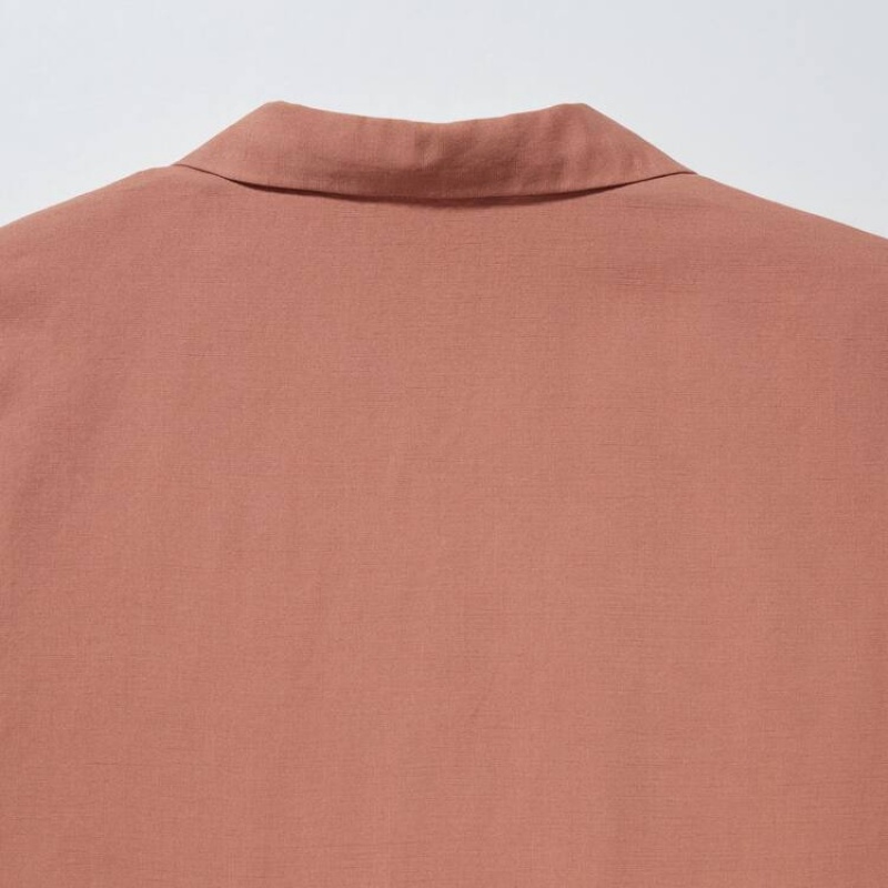 Women's Uniqlo Linen Blend Open Collar Short Sleeved Shirts Brown | PTXQ-65897