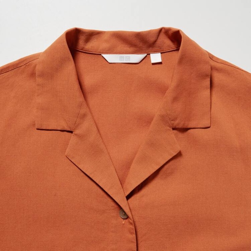 Women's Uniqlo Linen Blend Open Collar Short Sleeved Shirts Orange | ADNV-10769