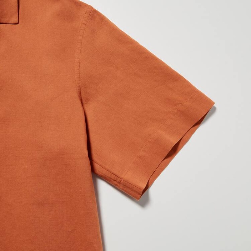 Women's Uniqlo Linen Blend Open Collar Short Sleeved Shirts Orange | ADNV-10769