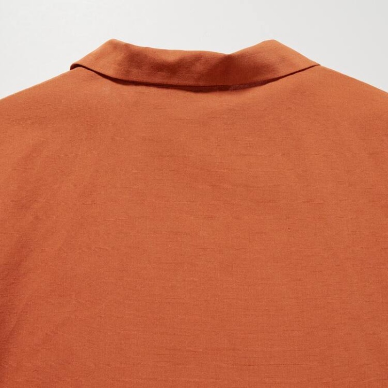 Women's Uniqlo Linen Blend Open Collar Short Sleeved Shirts Orange | ADNV-10769