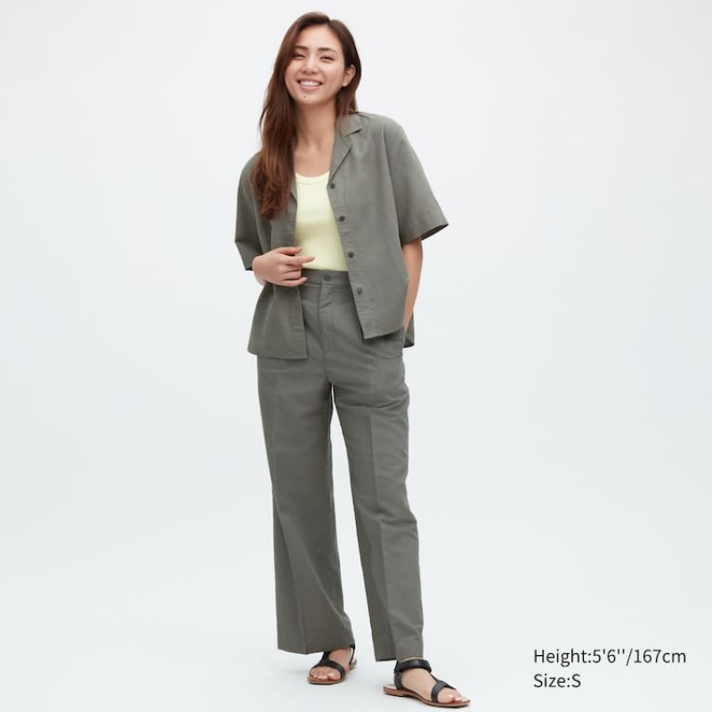 Women\'s Uniqlo Linen Blend Pleated Wide Leg Trousers Olive | DSBU-60914