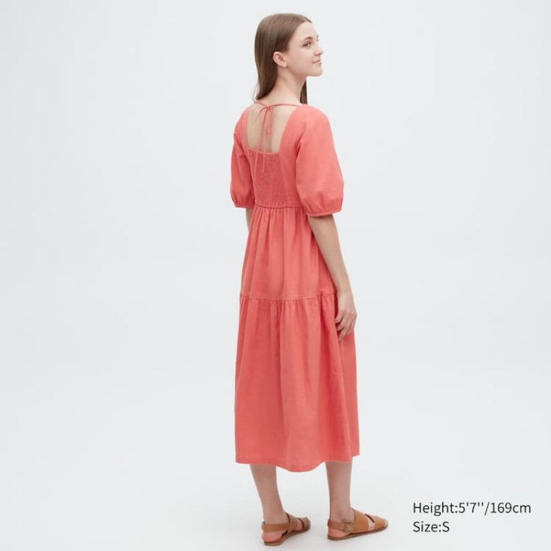 Women's Uniqlo Linen Blend Shirring Volume Sleeved Dress Pink | RXJP-16539