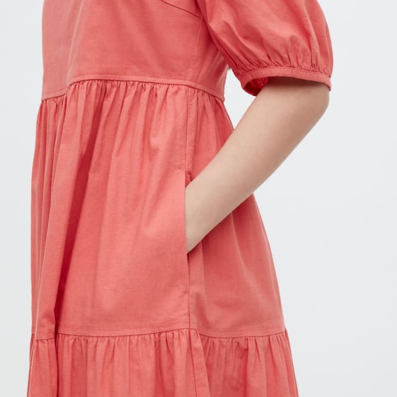 Women's Uniqlo Linen Blend Shirring Volume Sleeved Dress Pink | RXJP-16539