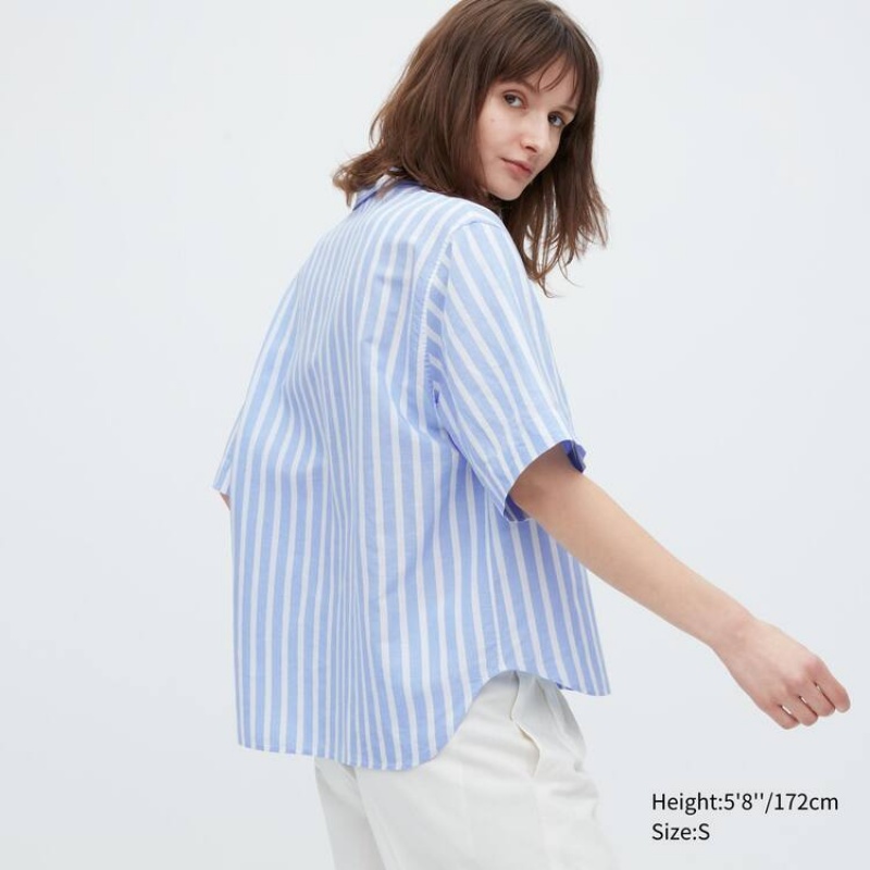 Women's Uniqlo Linen Blend Short Sleeve Shirts Light Blue | XZKO-60287