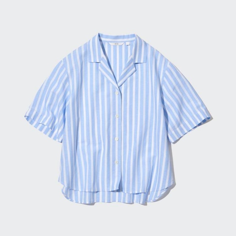 Women's Uniqlo Linen Blend Short Sleeve Shirts Light Blue | XZKO-60287