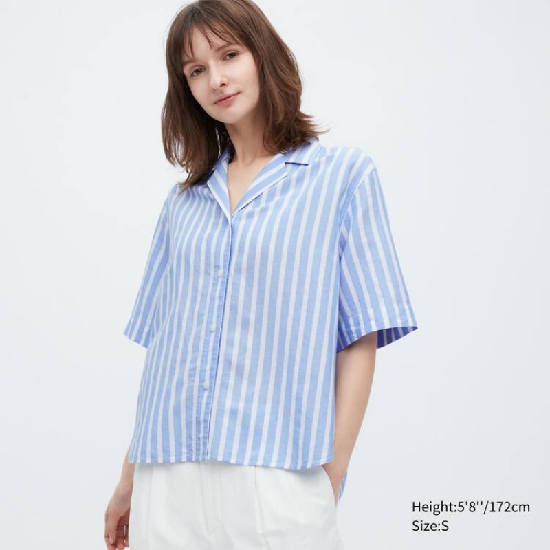 Women\'s Uniqlo Linen Blend Short Sleeve Shirts Light Blue | XZKO-60287