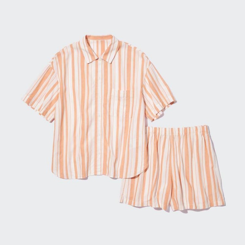 Women's Uniqlo Linen Blend Short Sleeved Set Loungewear Orange | PEKL-10384