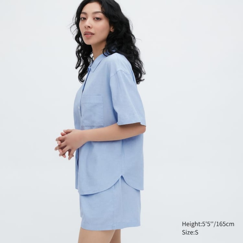 Women's Uniqlo Linen Blend Short Sleeved Set Loungewear Blue | BRKY-26793