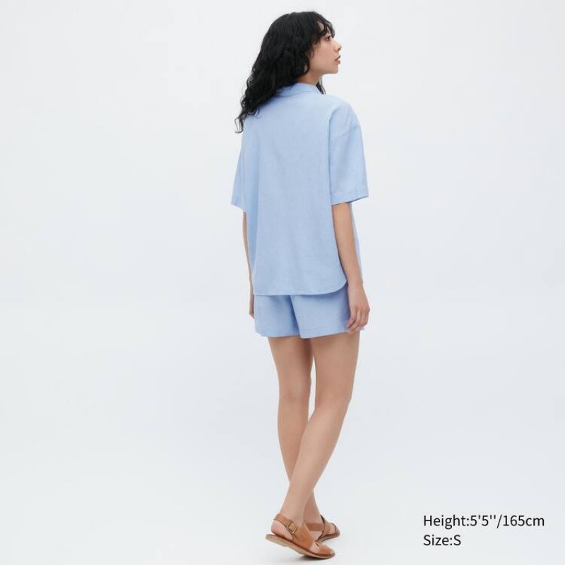 Women's Uniqlo Linen Blend Short Sleeved Set Loungewear Blue | BRKY-26793