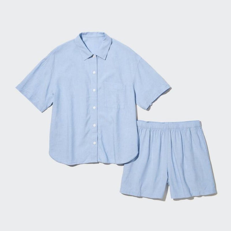 Women's Uniqlo Linen Blend Short Sleeved Set Loungewear Blue | BRKY-26793