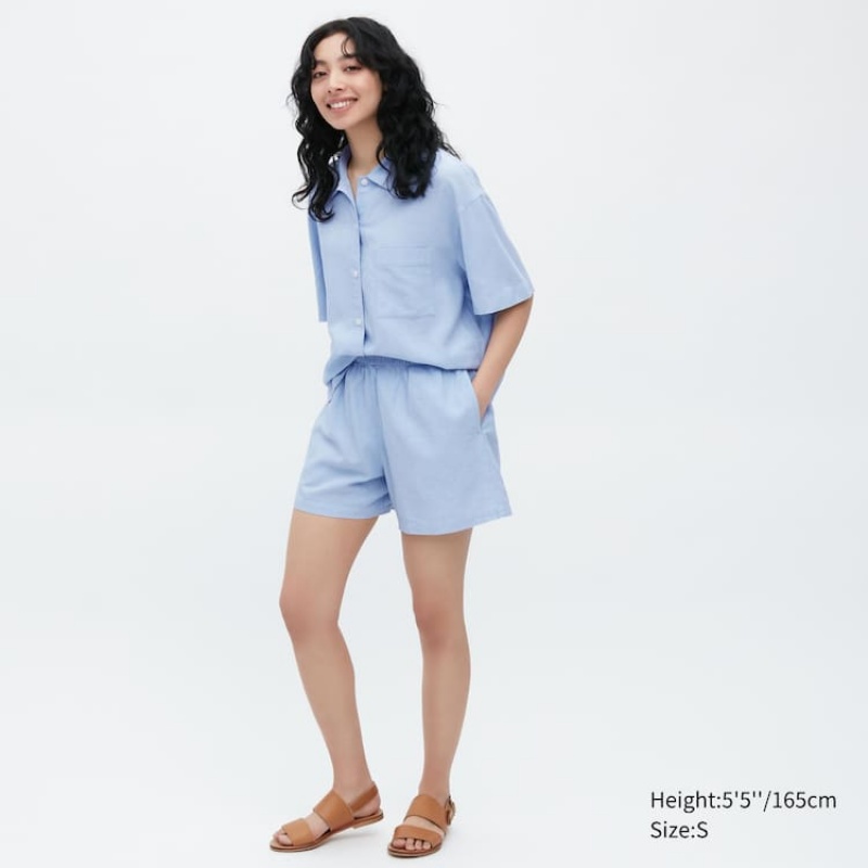 Women\'s Uniqlo Linen Blend Short Sleeved Set Loungewear Blue | BRKY-26793