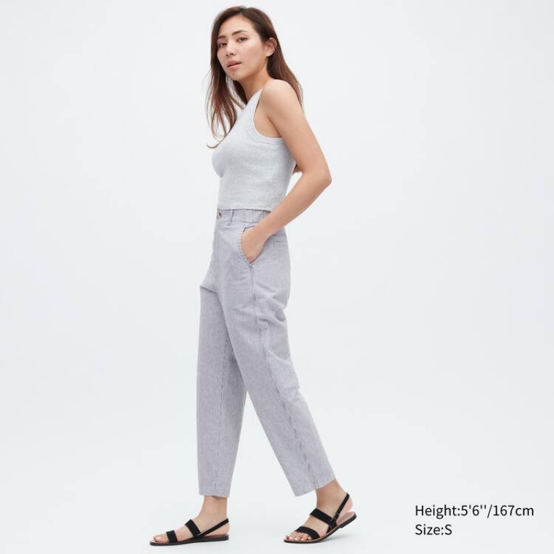 Women's Uniqlo Linen Cotton Blend Striped Tapered Trousers Blue | MKVJ-62503