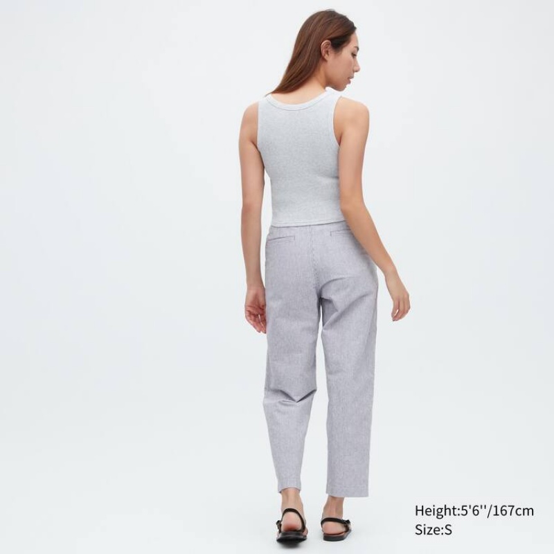 Women's Uniqlo Linen Cotton Blend Striped Tapered Trousers Blue | MKVJ-62503