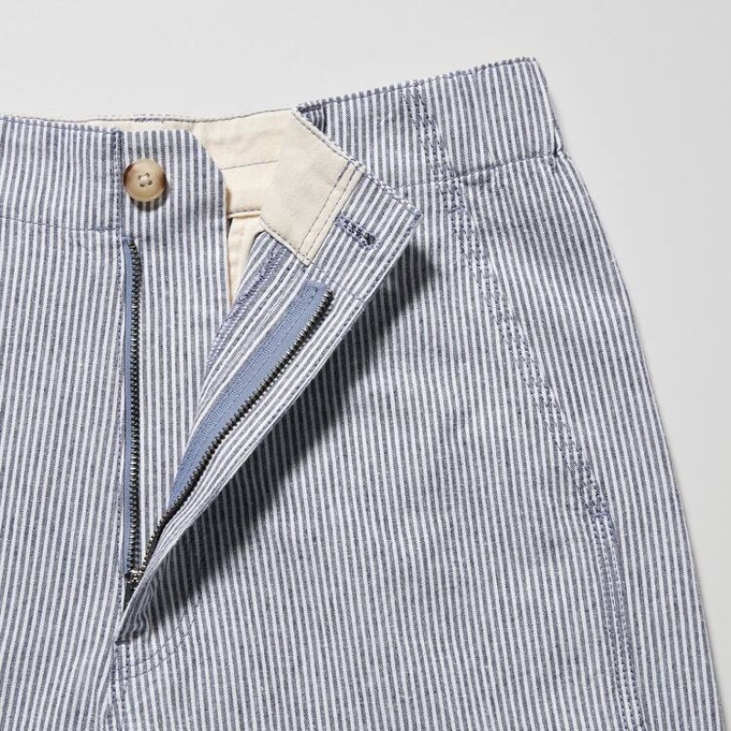 Women's Uniqlo Linen Cotton Blend Striped Tapered Trousers Blue | MKVJ-62503