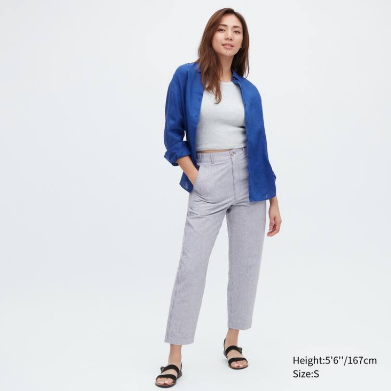 Women\'s Uniqlo Linen Cotton Blend Striped Tapered Trousers Blue | MKVJ-62503