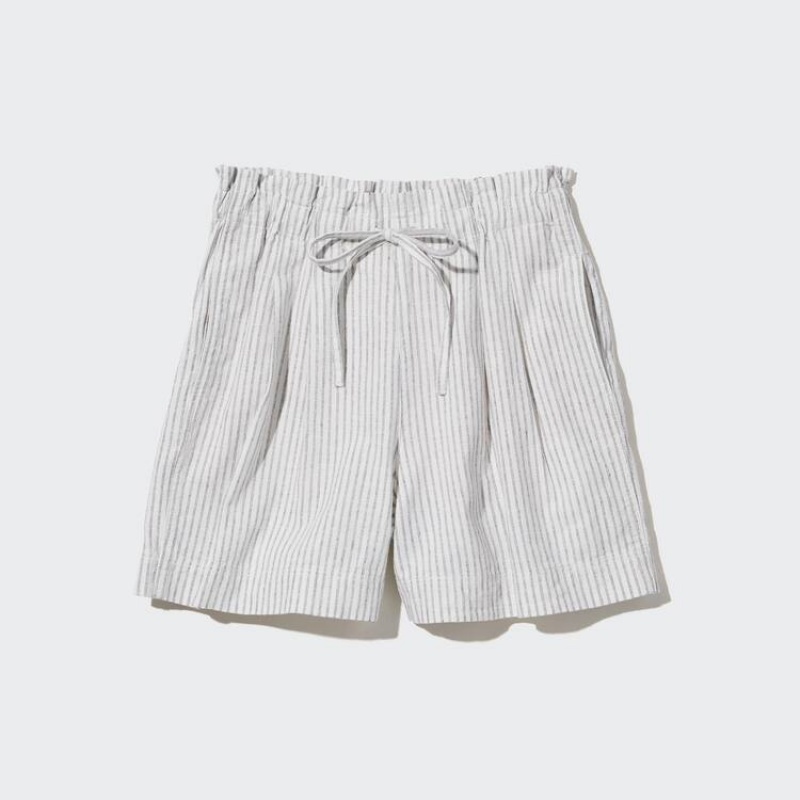 Women\'s Uniqlo Linen Cotton Blend Striped Shorts White | IBML-91064