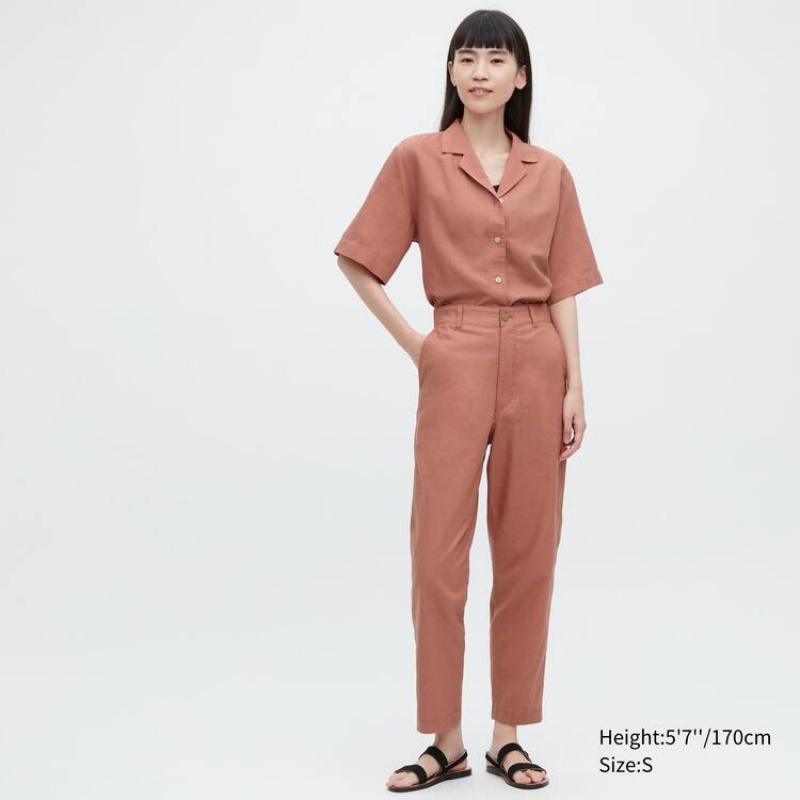 Women's Uniqlo Linen Cotton Blend Tapered Trousers Brown | NJXY-18042