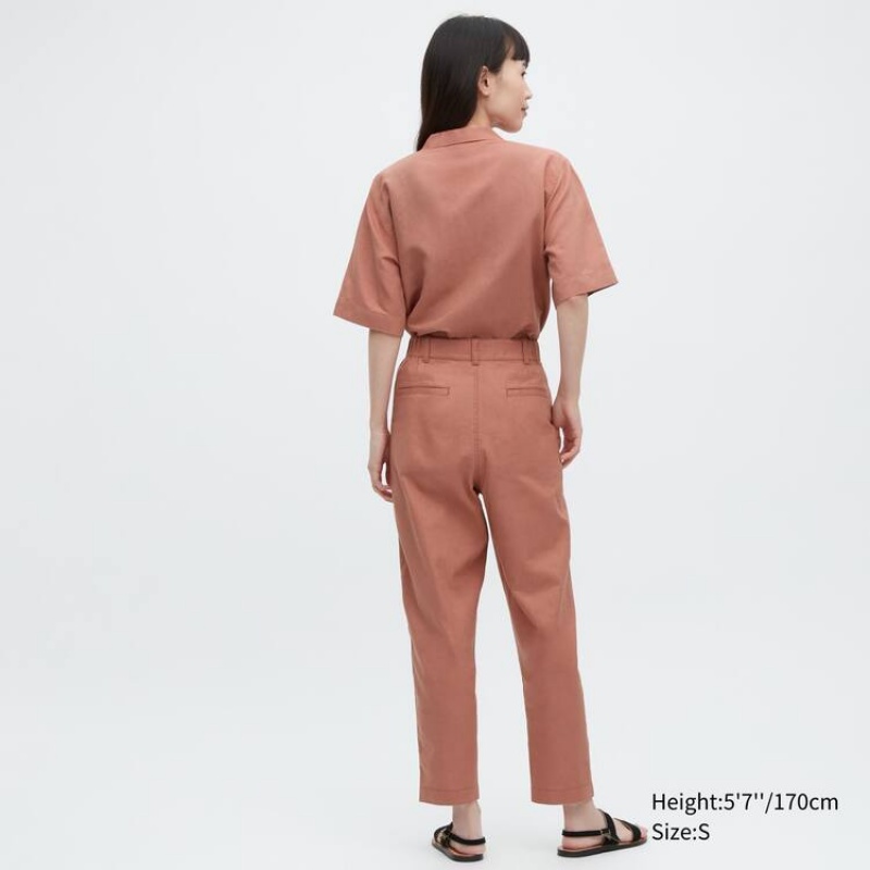 Women's Uniqlo Linen Cotton Blend Tapered Trousers Brown | NJXY-18042