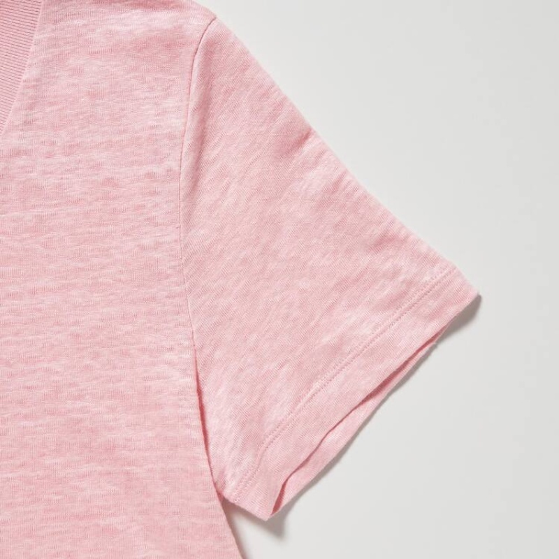 Women's Uniqlo Linen Crew Neck Shirts Pink | FVGM-68104