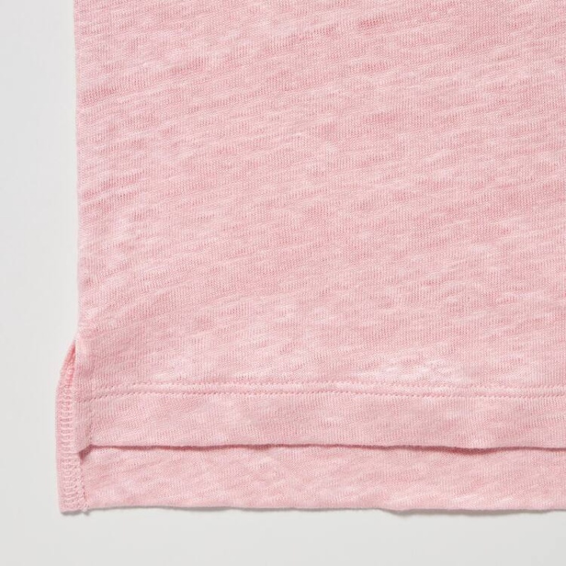 Women's Uniqlo Linen Crew Neck Shirts Pink | FVGM-68104