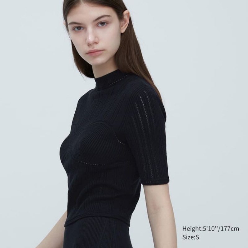 Women's Uniqlo Mame Kurogouchi 3d Knit Seamless Mesh Half Sleeve Knitwear Black | BXZV-28617