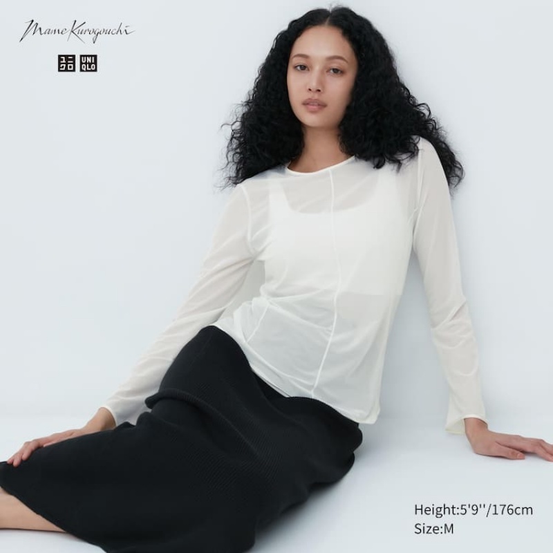 Women\'s Uniqlo Mame Kurogouchi Sheer Mock Neck Long Sleeved Tops White | LWHR-16745