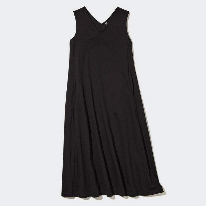 Women\'s Uniqlo Mercerised Cotton V Neck A-line Sleeveless Dress Black | KHTU-93254