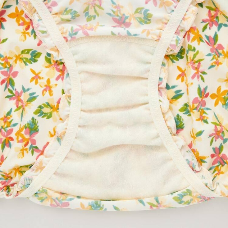 Women's Uniqlo Mid Rise Flower Print Frill Underwear Cream | GKTH-85276