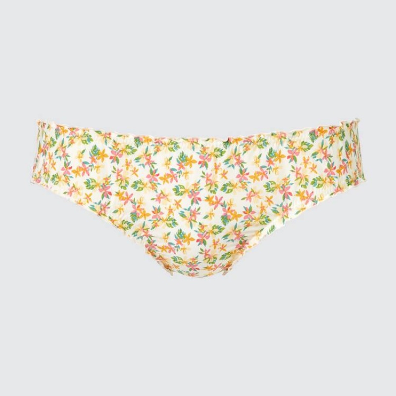 Women\'s Uniqlo Mid Rise Flower Print Frill Underwear Cream | GKTH-85276