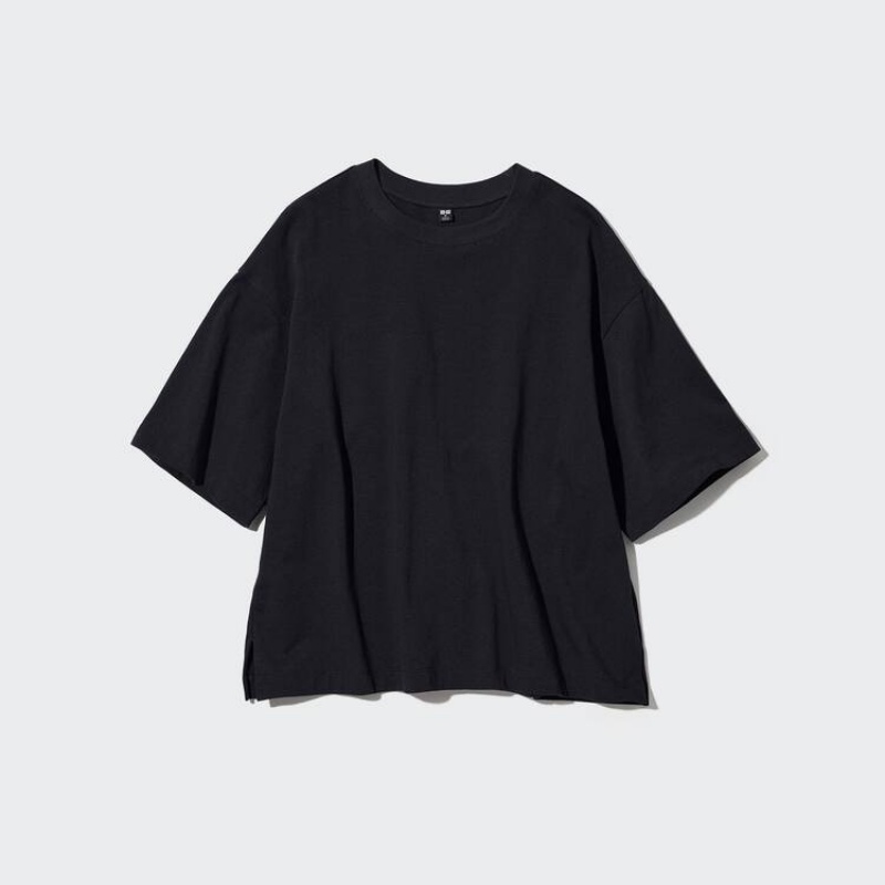 Women\'s Uniqlo Oversized Half Sleeve Loungewear Black | KOCJ-78359