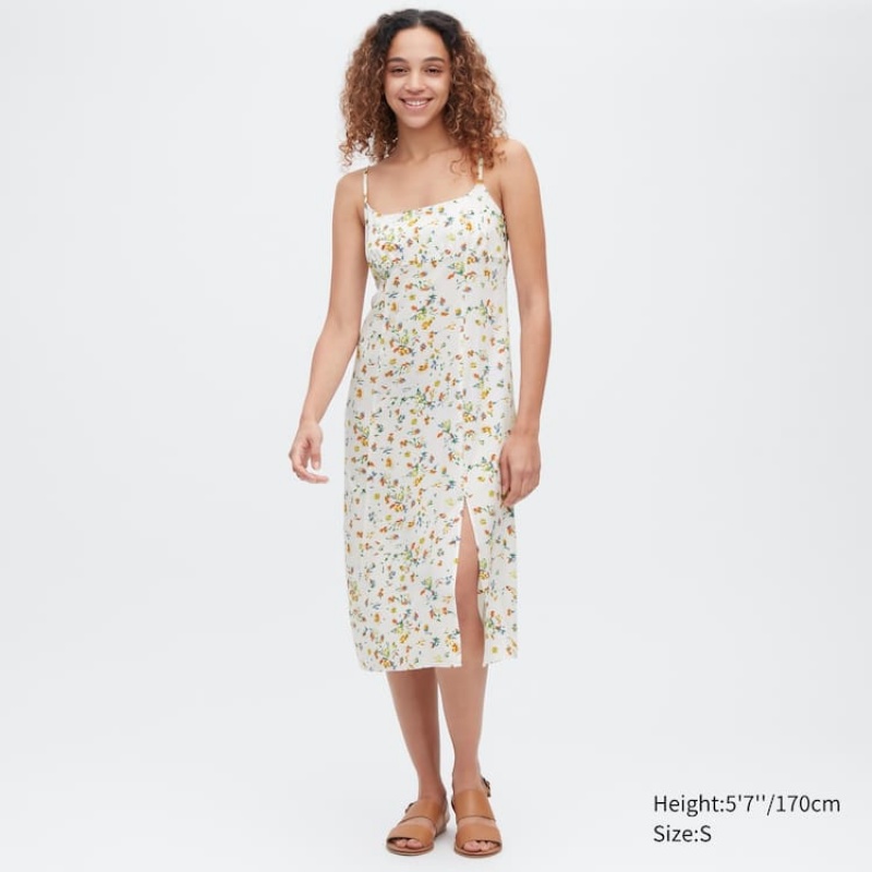 Women's Uniqlo Printed Front Slit Camisole Dress White | GSXA-18963