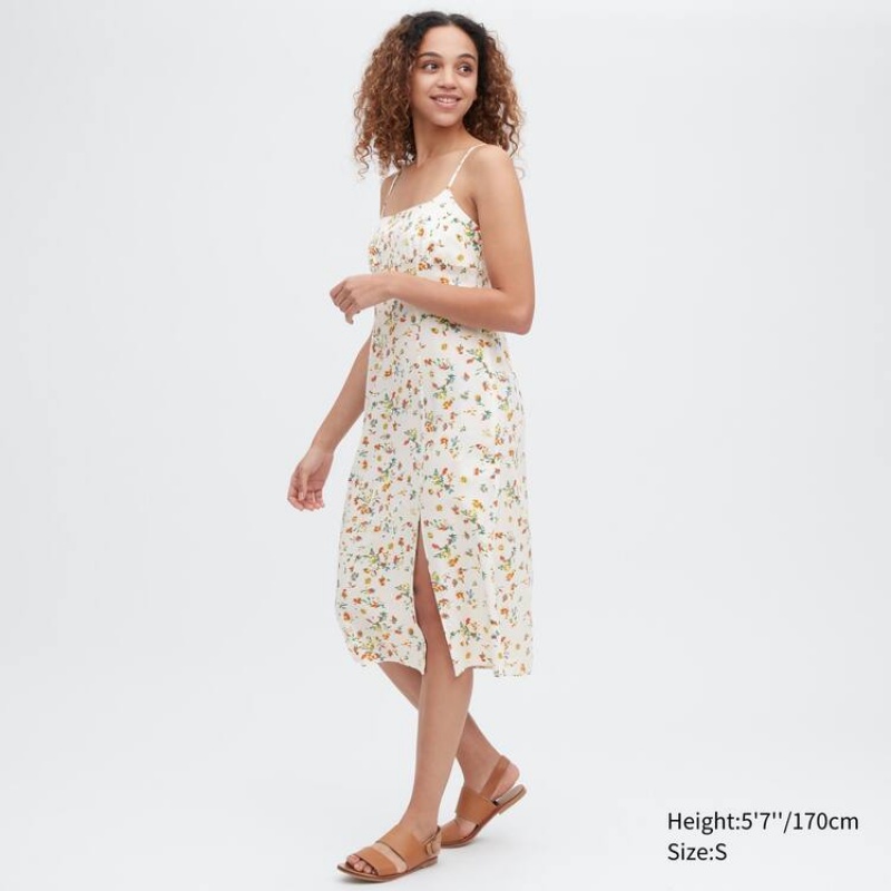 Women's Uniqlo Printed Front Slit Camisole Dress White | GSXA-18963