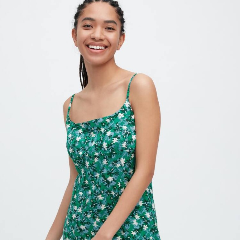 Women's Uniqlo Printed Front Slit Camisole Dress Green | YMRX-13546