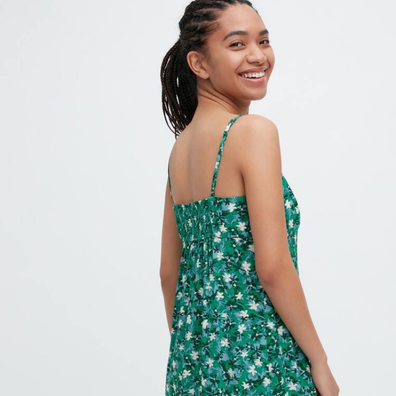 Women's Uniqlo Printed Front Slit Camisole Dress Green | YMRX-13546