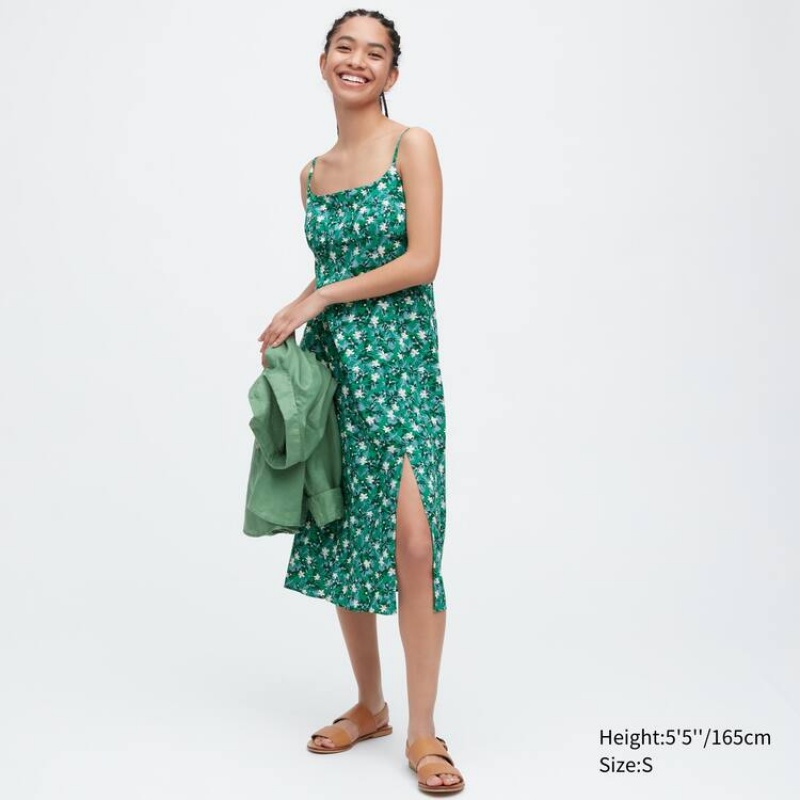 Women\'s Uniqlo Printed Front Slit Camisole Dress Green | YMRX-13546